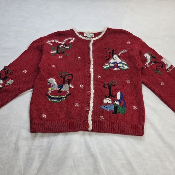 VTG BellePointe Christmas Cardigan Red Knit Holiday Sweater Made in Hong Kong M - Picture 9 of 16